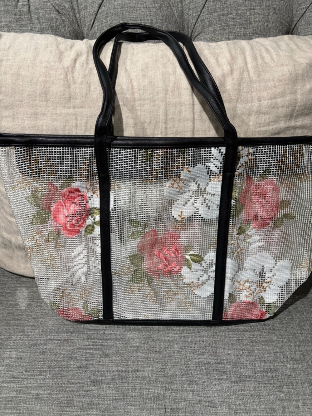 Bella Rose Closet Floral Mesh Tote with Black Trim
